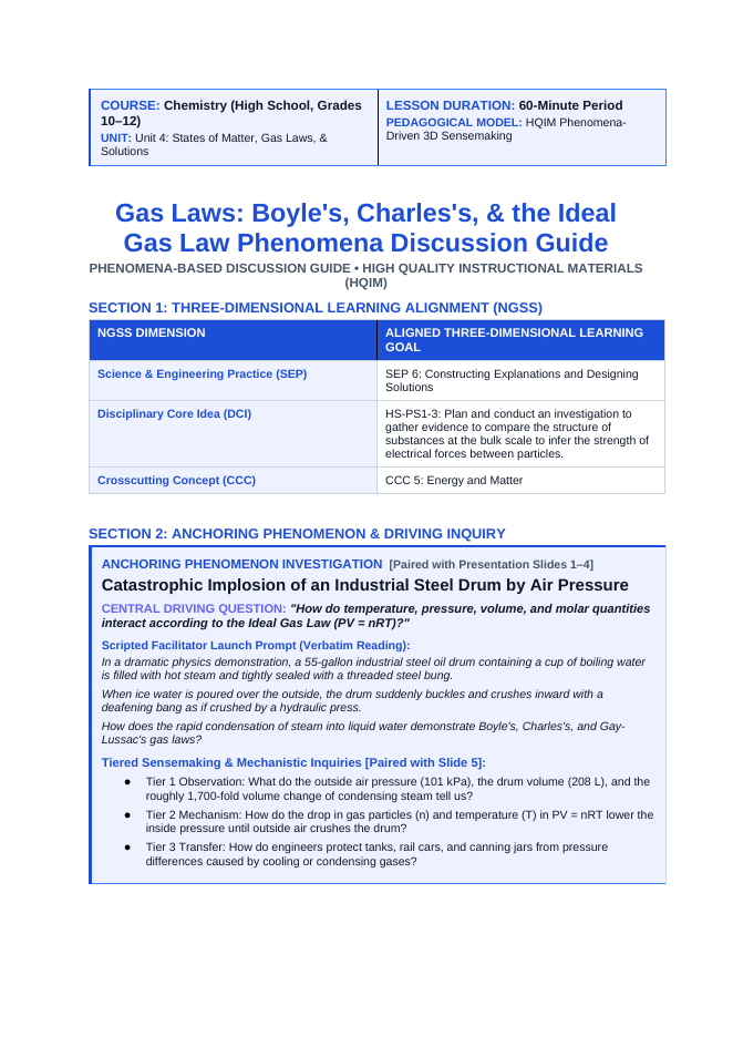 Gas Laws: Boyle's, Charles's, & the Ideal Gas Law Phenomena-Based Lesson: Catastrophic Implosion of an Industrial Steel Drum by Air Pressure Teacher Discussion Guide sample page