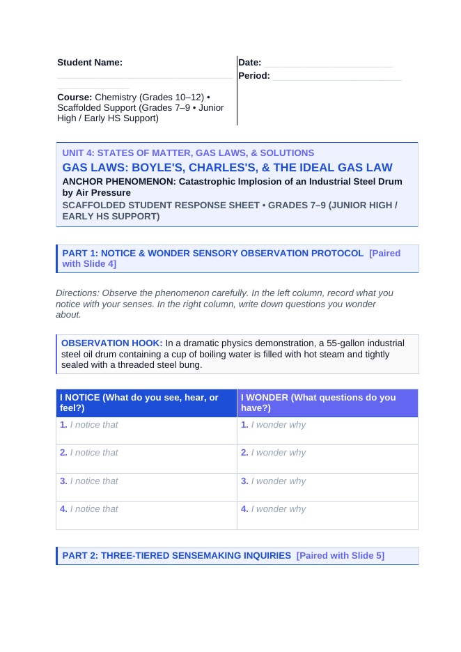 Gas Laws: Boyle's, Charles's, & the Ideal Gas Law Scaffolded Phenomena-Based Lesson: Catastrophic Implosion of an Industrial Steel Drum by Air Pressure Student Response Sheet sample page