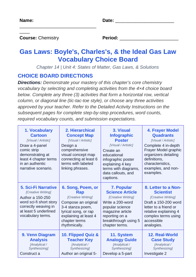 Gas Laws: Boyle's, Charles's, & the Ideal Gas Law Vocabulary Choice Board sample page