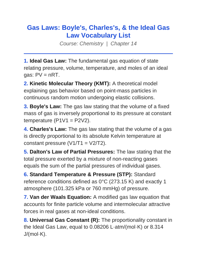 Gas Laws: Boyle's, Charles's, & the Ideal Gas Law Vocabulary Words & Definitions sample page