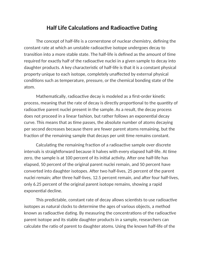 Half Life Calculations and Radioactive Dating Reading Worksheet sample page
