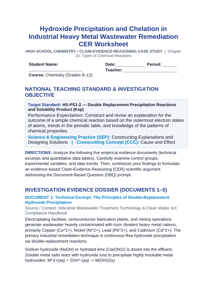 Hydroxide Precipitation and Chelation in Industrial Heavy Metal Wastewater Remediation CER Phenomena Worksheet sample page