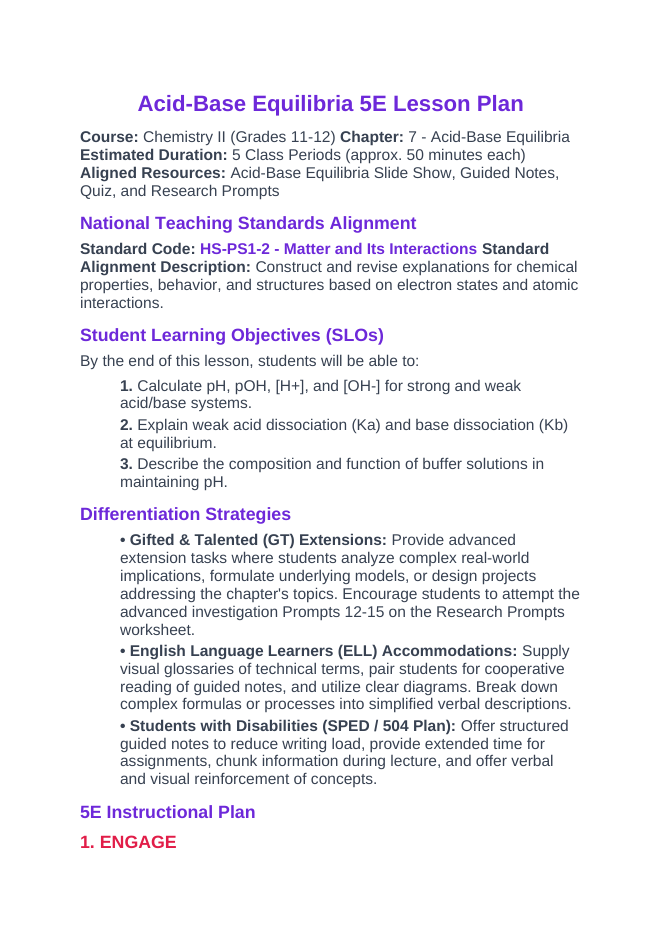 Acid-Base Equilibria 5E Lesson Plan sample page
