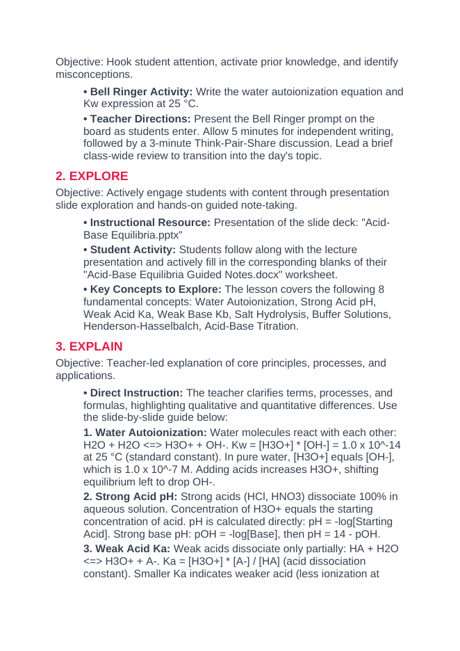 Acid-Base Equilibria 5E Lesson Plan sample page