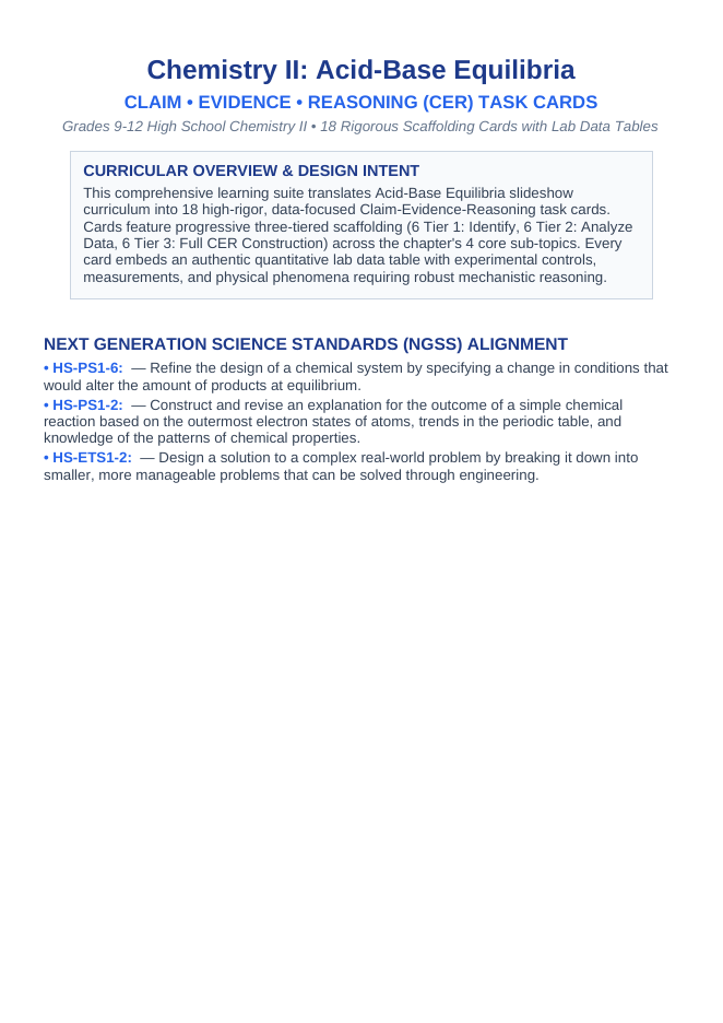 Acid-Base Equilibria CER Task Cards sample page