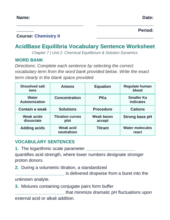 Acid-Base Equilibria Fill-in-the-Blank Vocabulary Worksheet sample page