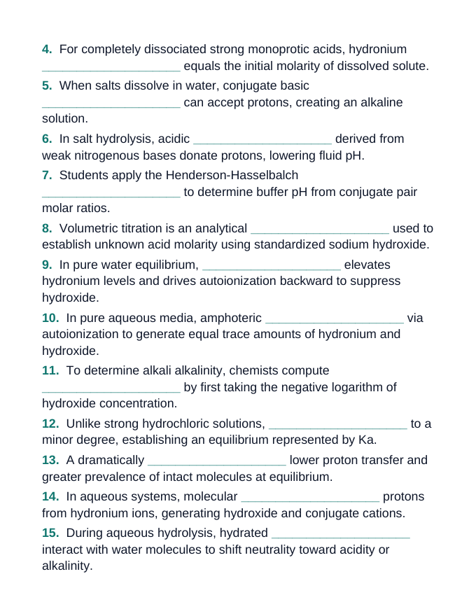 Acid-Base Equilibria Fill-in-the-Blank Vocabulary Worksheet sample page