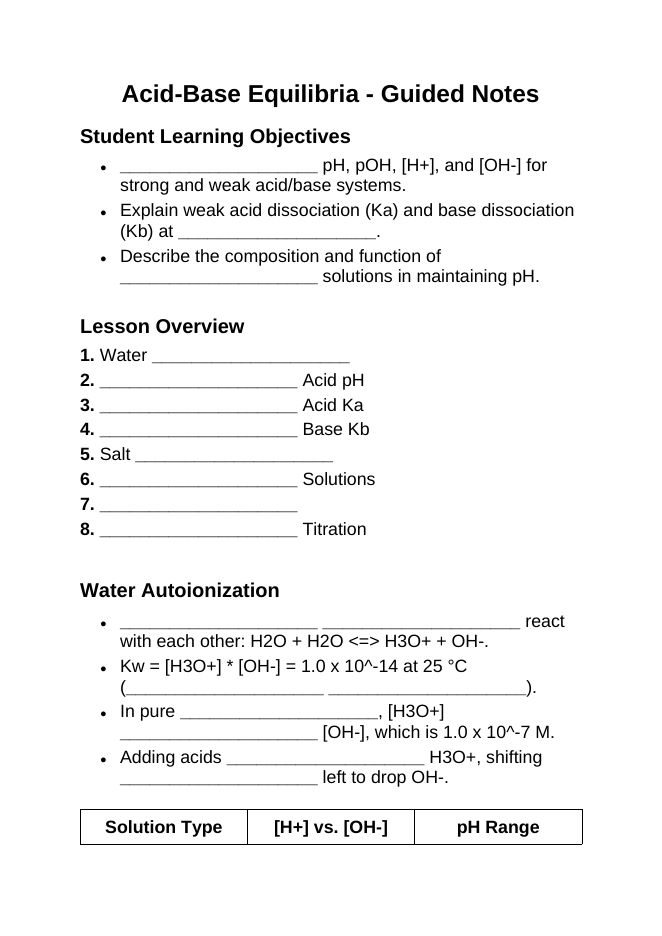 Acid-Base Equilibria Guided Notes sample page