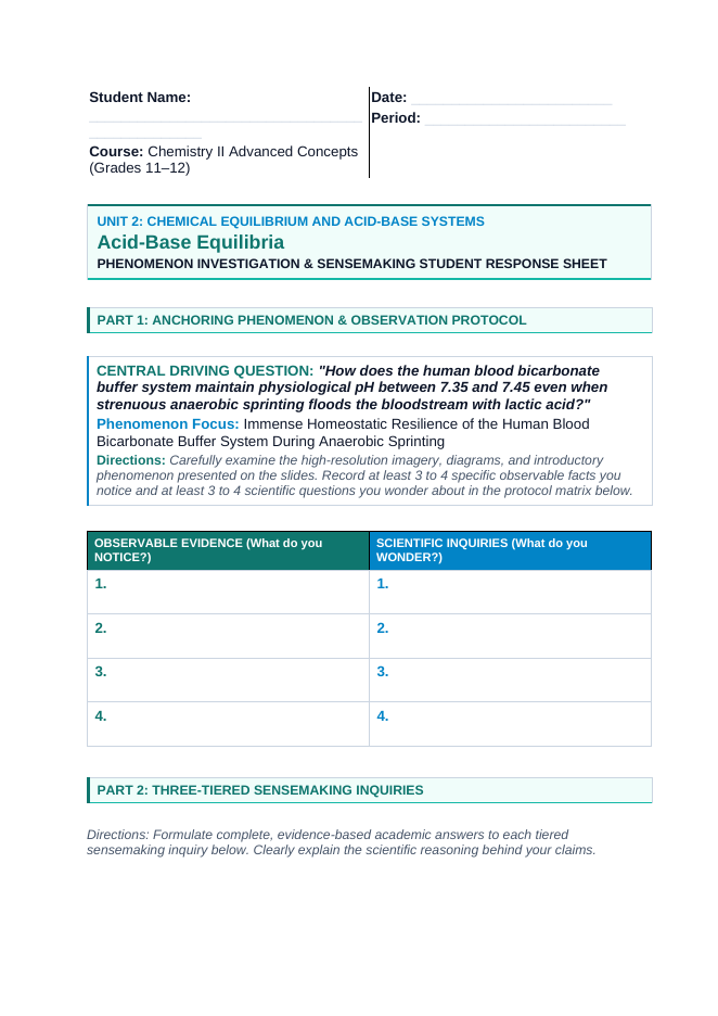Acid-Base Equilibria Phenomena-Based Lesson: Immense Homeostatic Resilience of the Human Blood Bicarbonate Buffer System During Anaerobic Sprinting Student Response Sheet sample page