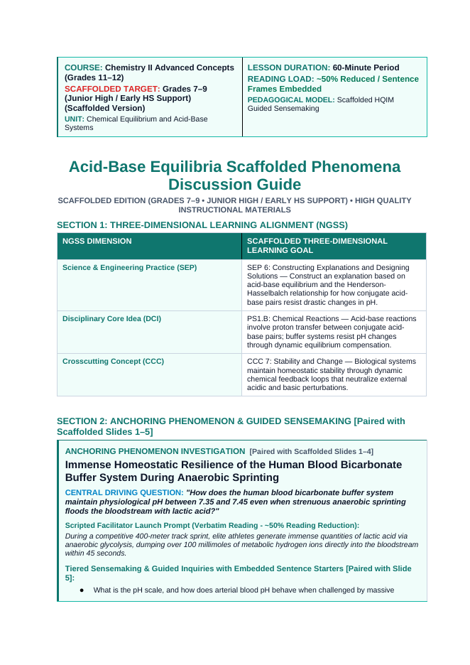 Acid-Base Equilibria Scaffolded Phenomena-Based Lesson: Immense Homeostatic Resilience of the Human Blood Bicarbonate Buffer System During Anaerobic Sprinting Teacher Discussion Guide sample page