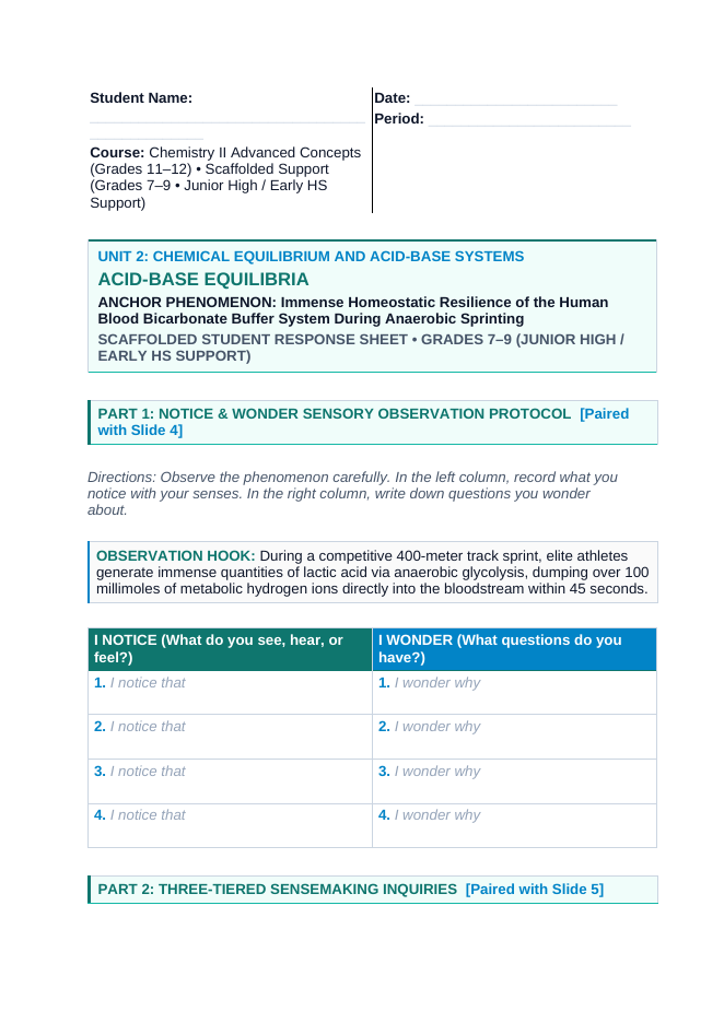 Acid-Base Equilibria Scaffolded Phenomena-Based Lesson: Immense Homeostatic Resilience of the Human Blood Bicarbonate Buffer System During Anaerobic Sprinting Student Response Sheet sample page