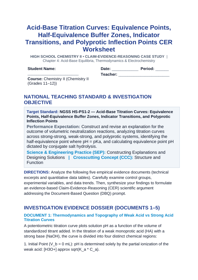 Acid-Base Titration Curves: Equivalence Points, Half-Equivalence Buffer Zones, Indicator Transitions, and Polyprotic Inflection Points CER Phenomena Worksheet sample page