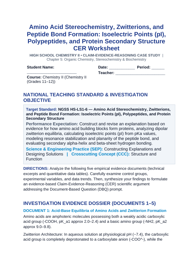 Amino Acid Stereochemistry, Zwitterions, and Peptide Bond Formation: Isoelectric Points (pI), Polypeptides, and Protein Secondary Structure CER Phenomena Worksheet sample page