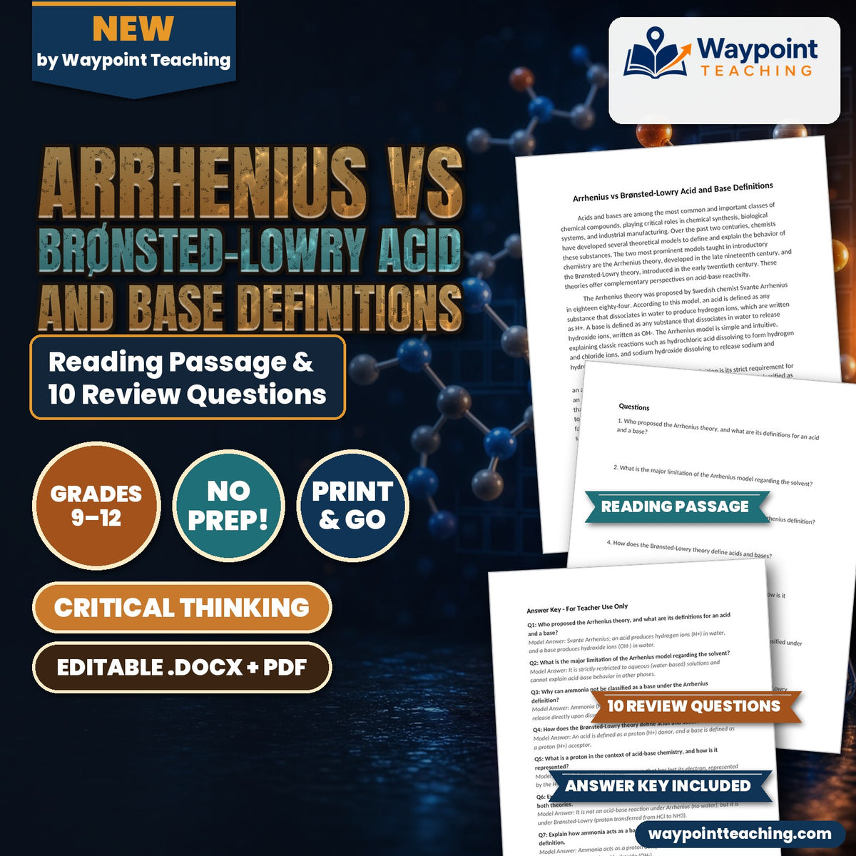Arrhenius vs Brønsted-Lowry Acid and Base Definitions Reading Worksheet cover