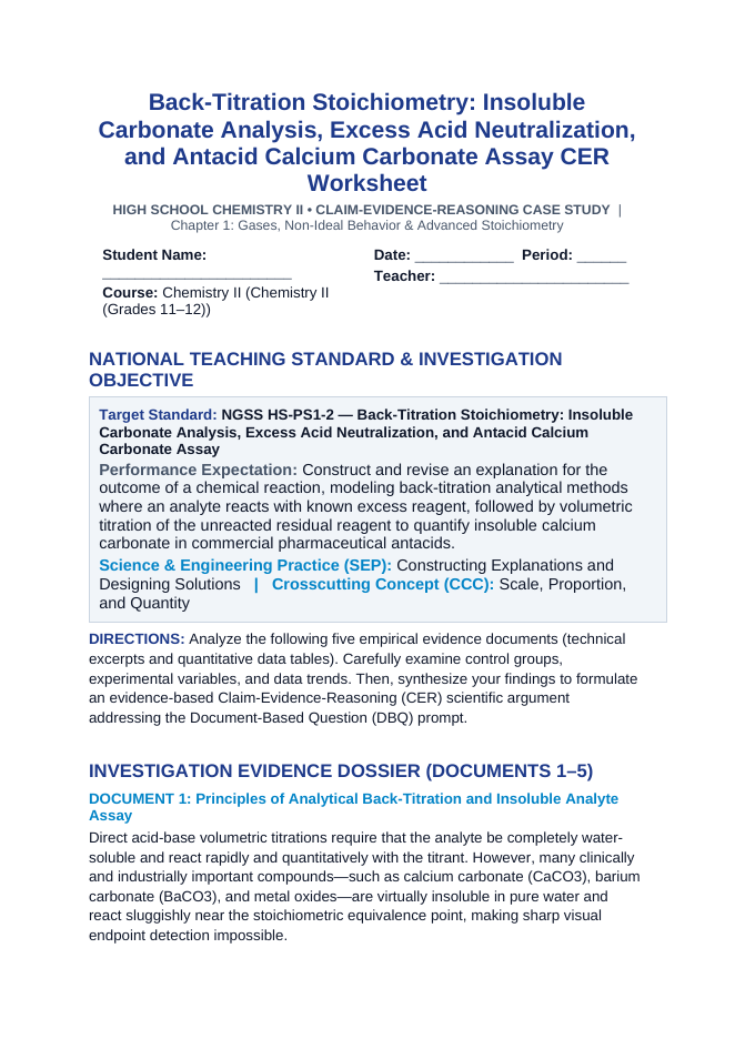 Back-Titration Stoichiometry: Insoluble Carbonate Analysis, Excess Acid Neutralization, and Antacid Calcium Carbonate Assay CER Phenomena Worksheet sample page