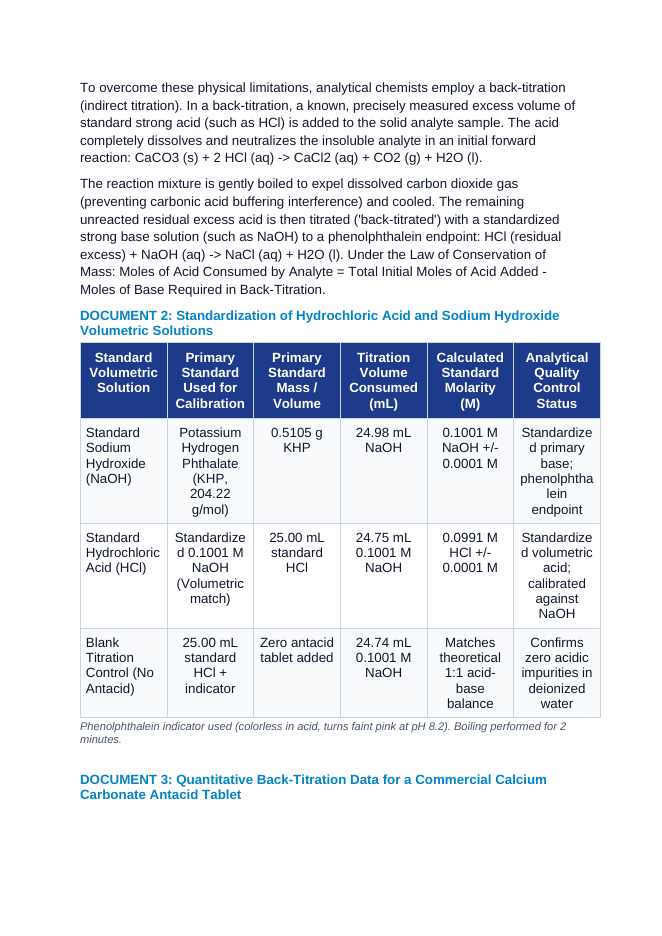 Back-Titration Stoichiometry: Insoluble Carbonate Analysis, Excess Acid Neutralization, and Antacid Calcium Carbonate Assay CER Phenomena Worksheet sample page