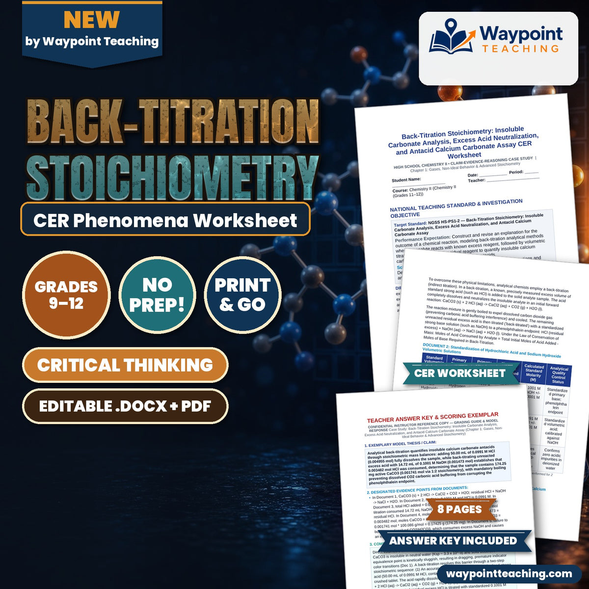 Back-Titration Stoichiometry: Insoluble Carbonate Analysis, Excess Acid Neutralization, and Antacid Calcium Carbonate Assay CER Phenomena Worksheet cover