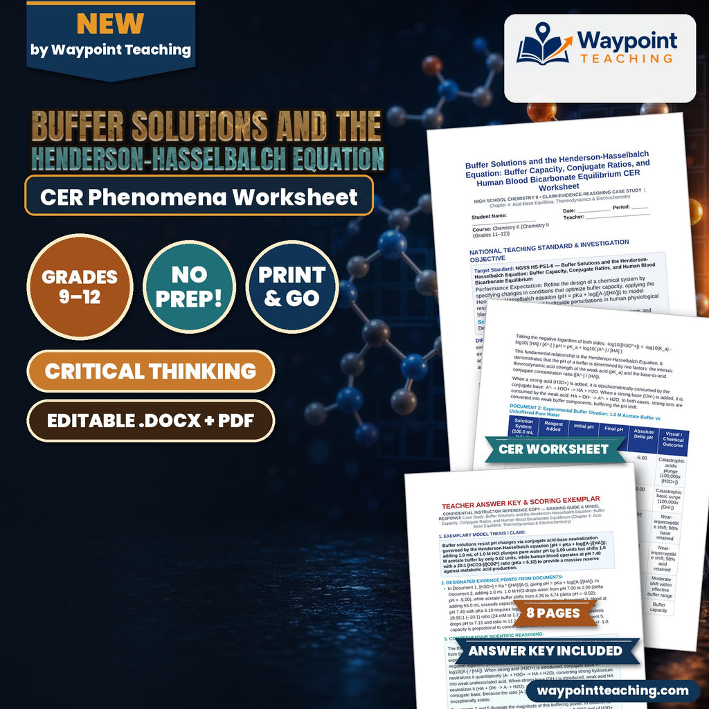 Buffer Solutions and the Henderson-Hasselbalch Equation: Buffer Capacity, Conjugate Ratios, and Human Blood Bicarbonate Equilibrium CER Phenomena Worksheet cover