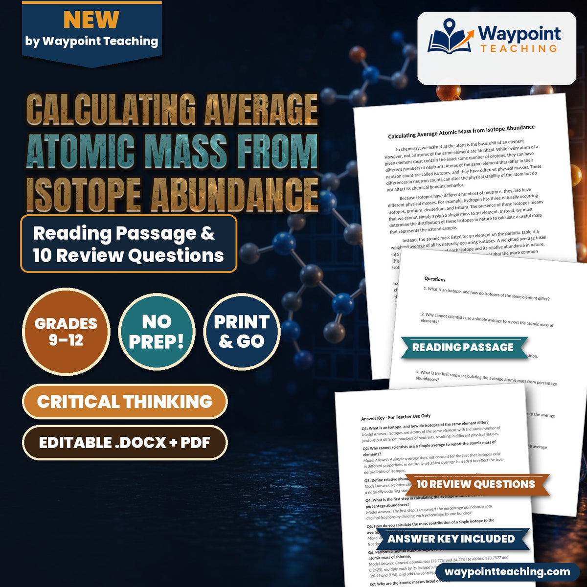 Calculating Average Atomic Mass from Isotope Abundance Reading Worksheet cover