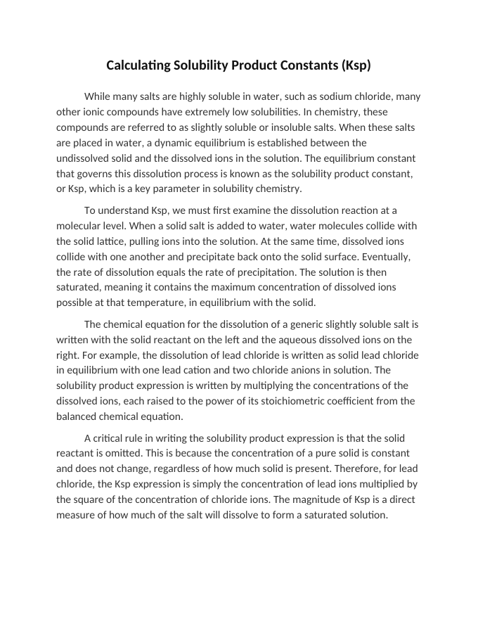 Calculating Solubility Product Constants Ksp Reading Worksheet sample page