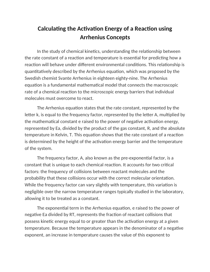 Calculating the Activation Energy of a Reaction using Arrhenius Concepts Reading Worksheet sample page