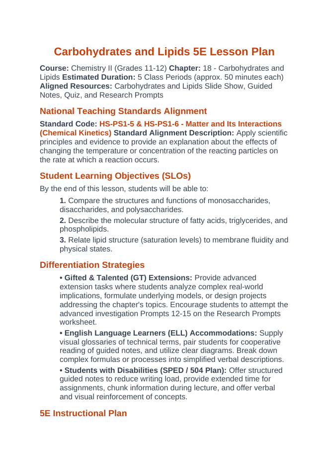 Carbohydrates & Lipids 5E Lesson Plan sample page