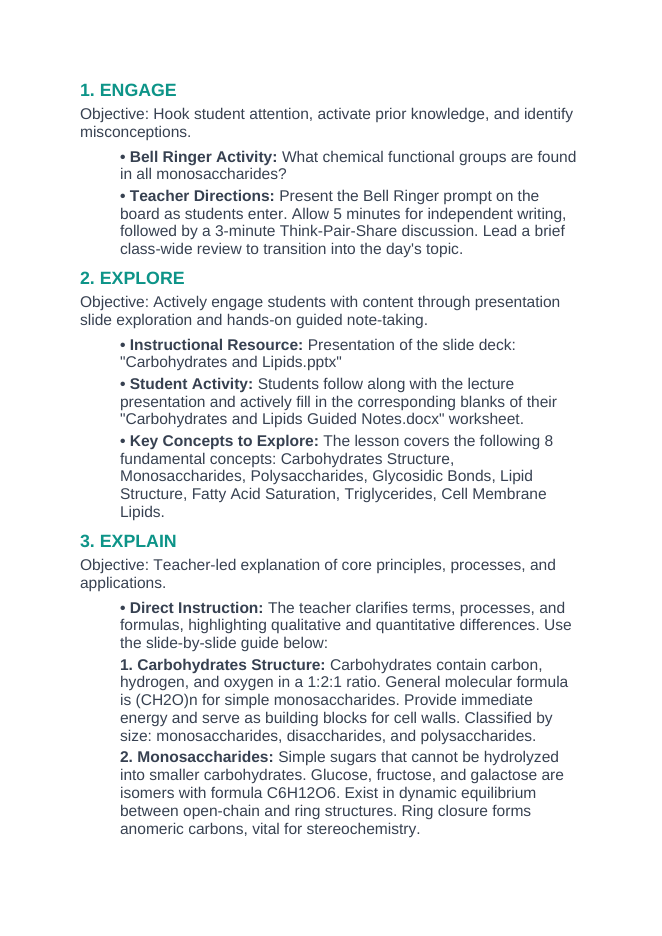 Carbohydrates & Lipids 5E Lesson Plan sample page