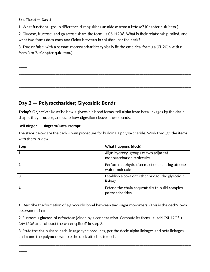 Carbohydrates & Lipids Bell Ringers & Exit Tickets sample page