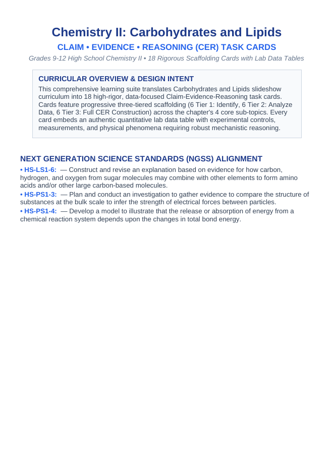 Carbohydrates & Lipids CER Task Cards sample page