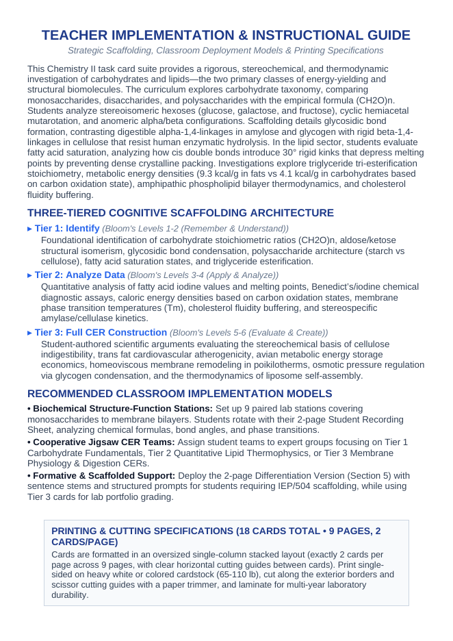 Carbohydrates & Lipids CER Task Cards sample page