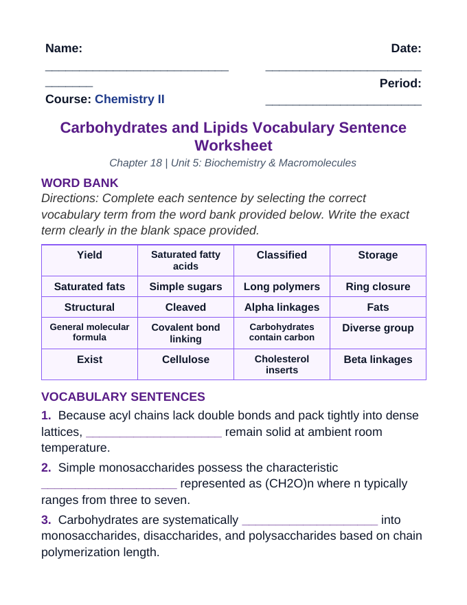 Carbohydrates & Lipids Fill-in-the-Blank Vocabulary Worksheet sample page