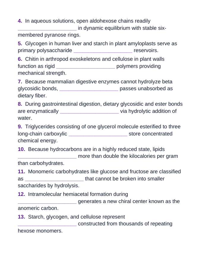 Carbohydrates & Lipids Fill-in-the-Blank Vocabulary Worksheet sample page