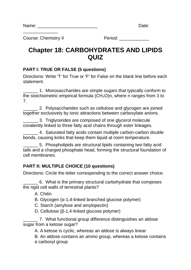 Carbohydrates & Lipids Lesson Quiz sample page