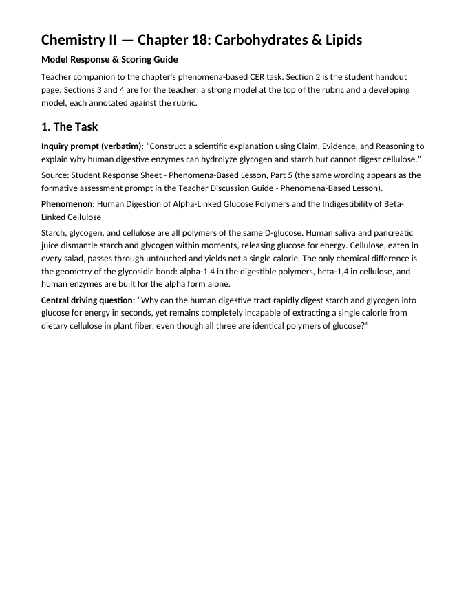 Carbohydrates & Lipids Model Response & Scoring Guide sample page