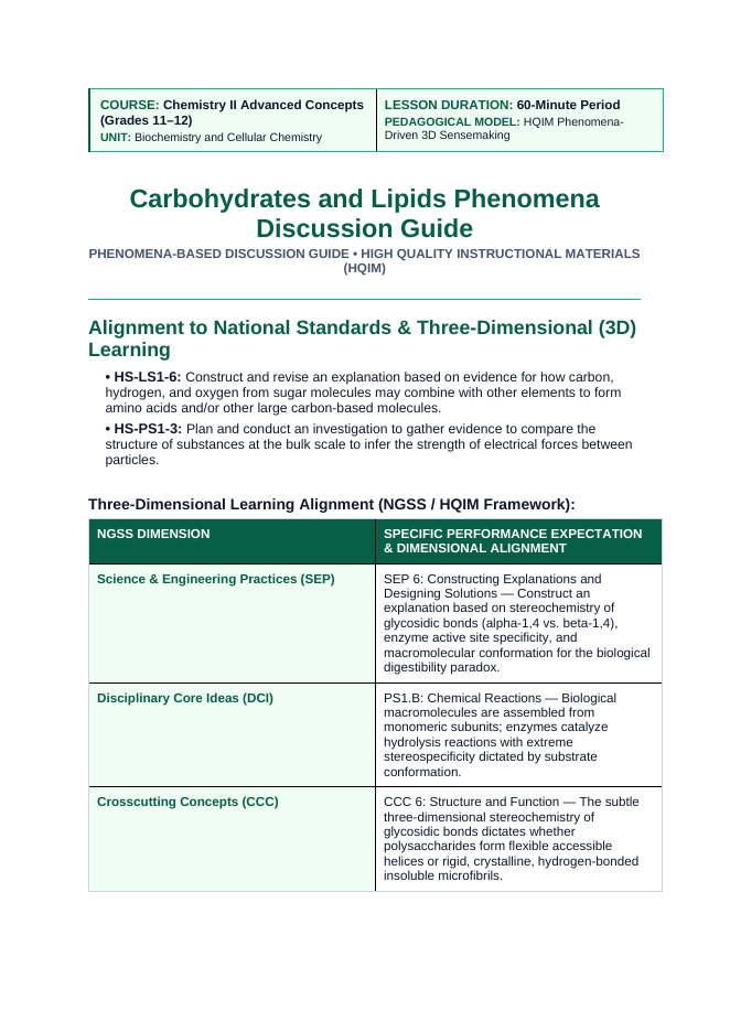 Carbohydrates & Lipids Phenomena-Based Lesson: The Structural Solubility Paradox Between Plant Cellulose and Animal Glycogen Polymers Teacher Discussion Guide sample page
