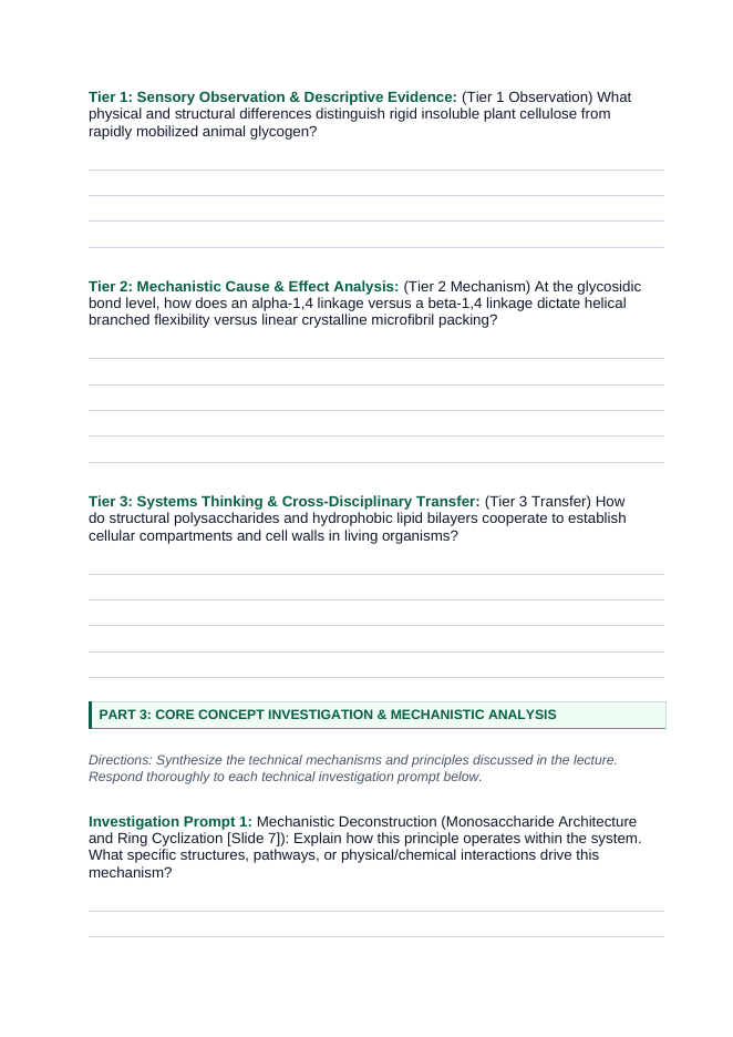 Carbohydrates & Lipids Phenomena-Based Lesson: The Structural Solubility Paradox Between Plant Cellulose and Animal Glycogen Polymers Student Response Sheet sample page