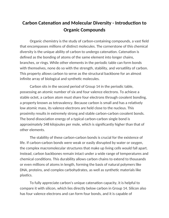 Carbon Catenation and Molecular Diversity Reading Worksheet sample page