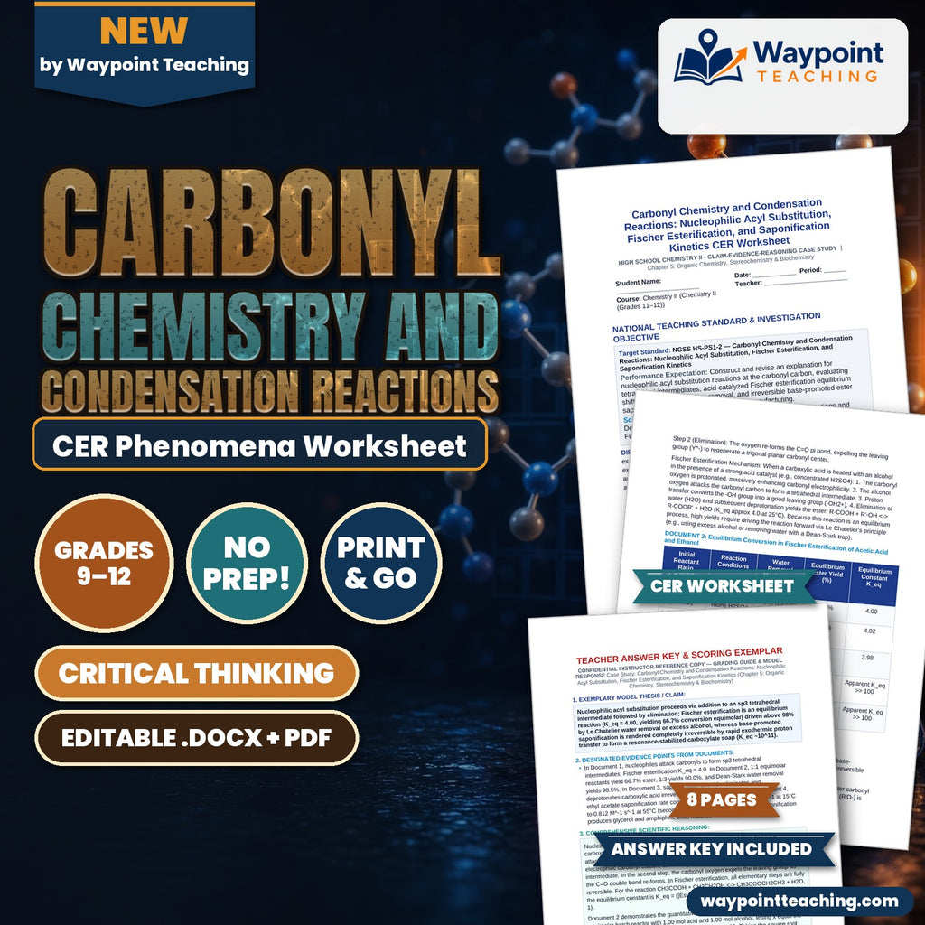 Carbonyl Chemistry and Condensation Reactions: Nucleophilic Acyl Substitution, Fischer Esterification, and Saponification Kinetics CER Phenomena Worksheet cover