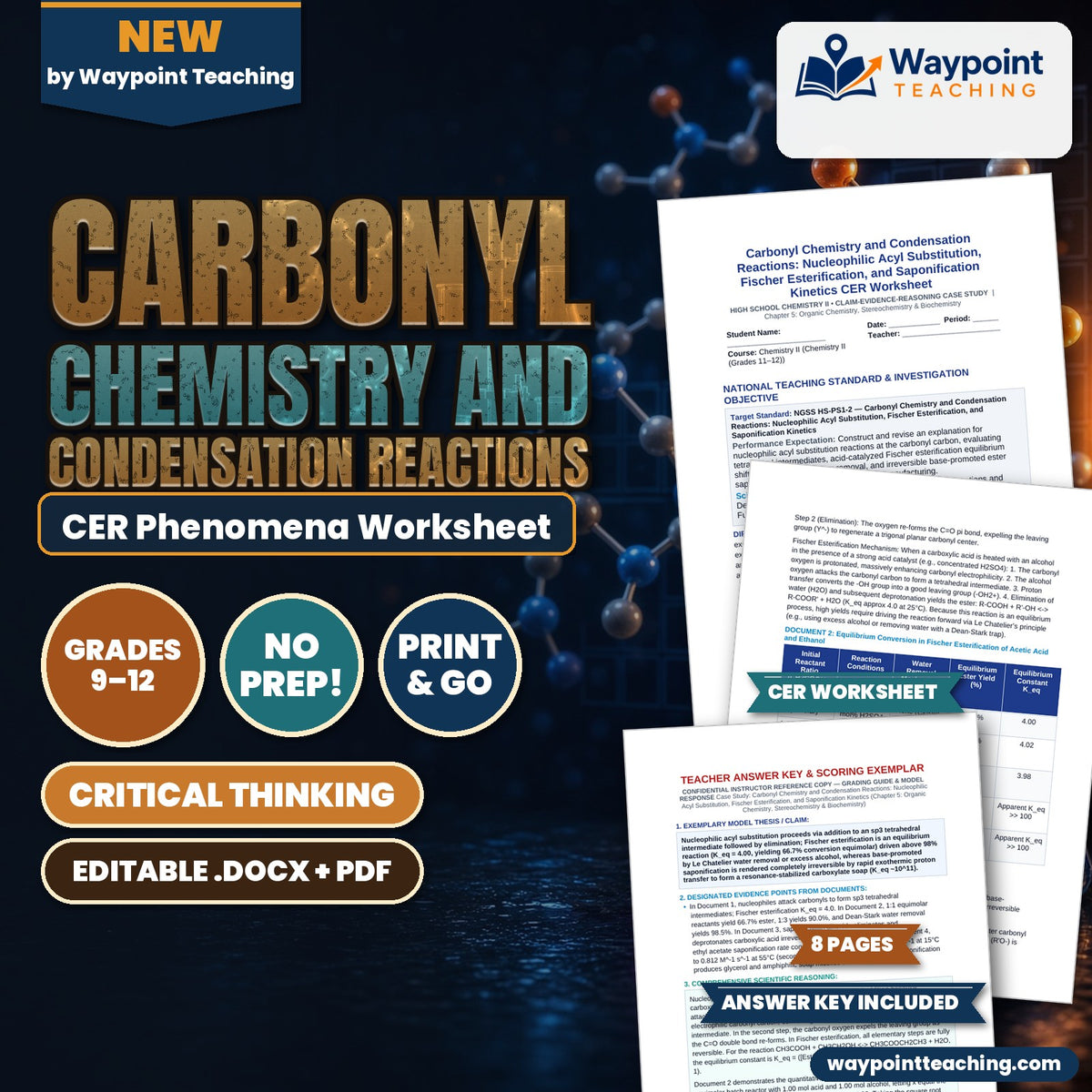 Carbonyl Chemistry and Condensation Reactions: Nucleophilic Acyl Substitution, Fischer Esterification, and Saponification Kinetics CER Phenomena Worksheet cover