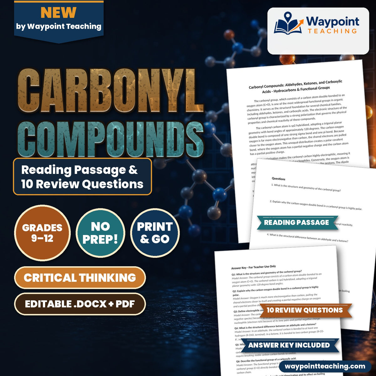 Carbonyl Compounds: Aldehydes, Ketones, and Carboxylic Acids Reading Worksheet cover