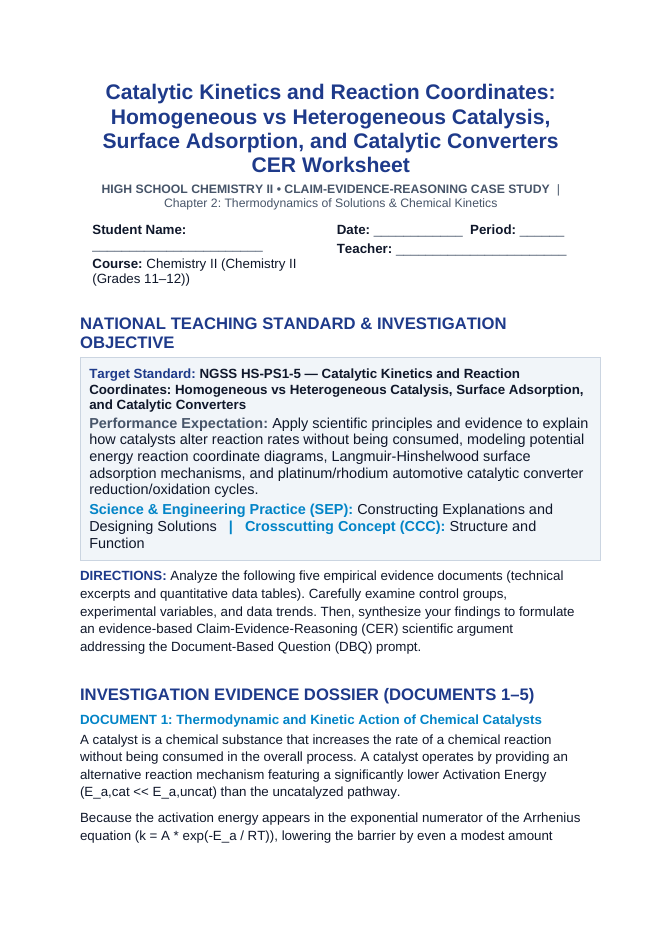 Catalytic Kinetics and Reaction Coordinates: Homogeneous vs Heterogeneous Catalysis, Surface Adsorption, and Catalytic Converters CER Phenomena Worksheet sample page