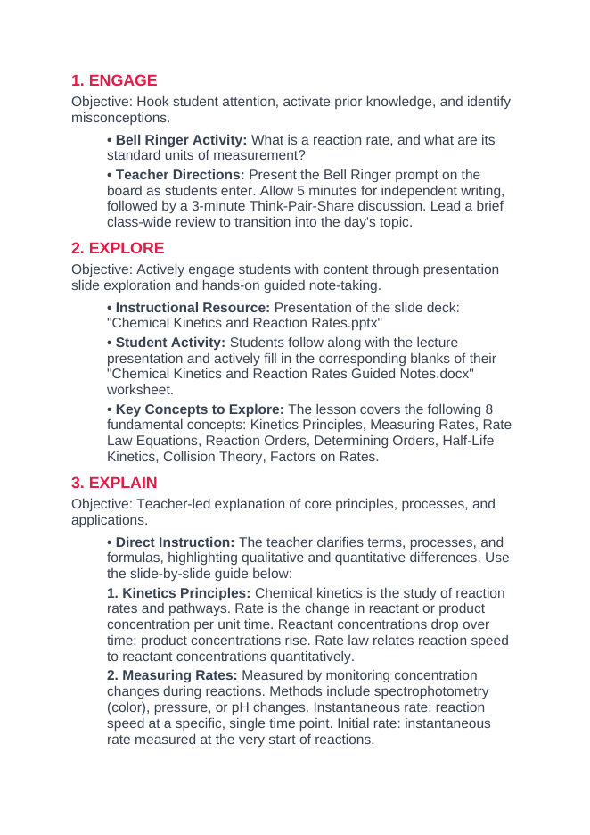 Chemical Kinetics & Reaction Rates 5E Lesson Plan sample page