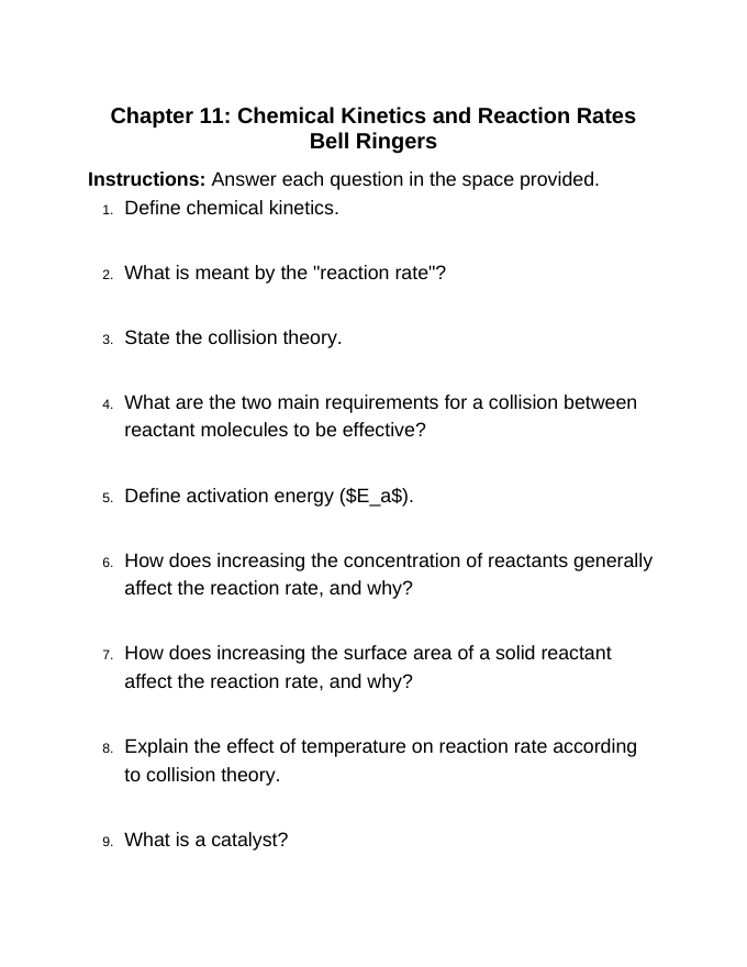 Chemical Kinetics & Reaction Rates Bell Ringers & Exit Tickets sample page