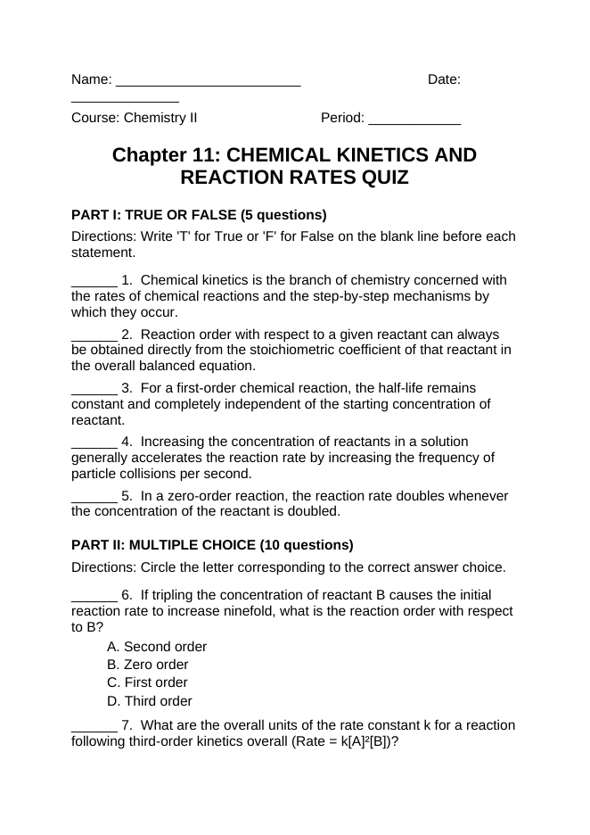 Chemical Kinetics & Reaction Rates Lesson Quiz sample page
