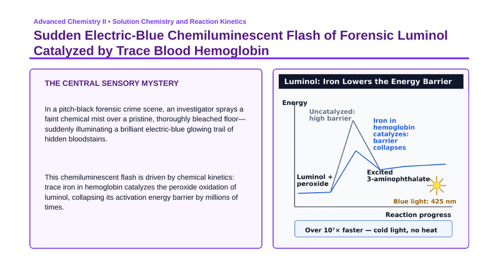 Chemical Kinetics & Reaction Rates Phenomena-Based Lesson: Sudden Electric-Blue Chemiluminescent Flash of Forensic Luminol Catalyzed by Trace Blood Hemoglobin Presentation sample page