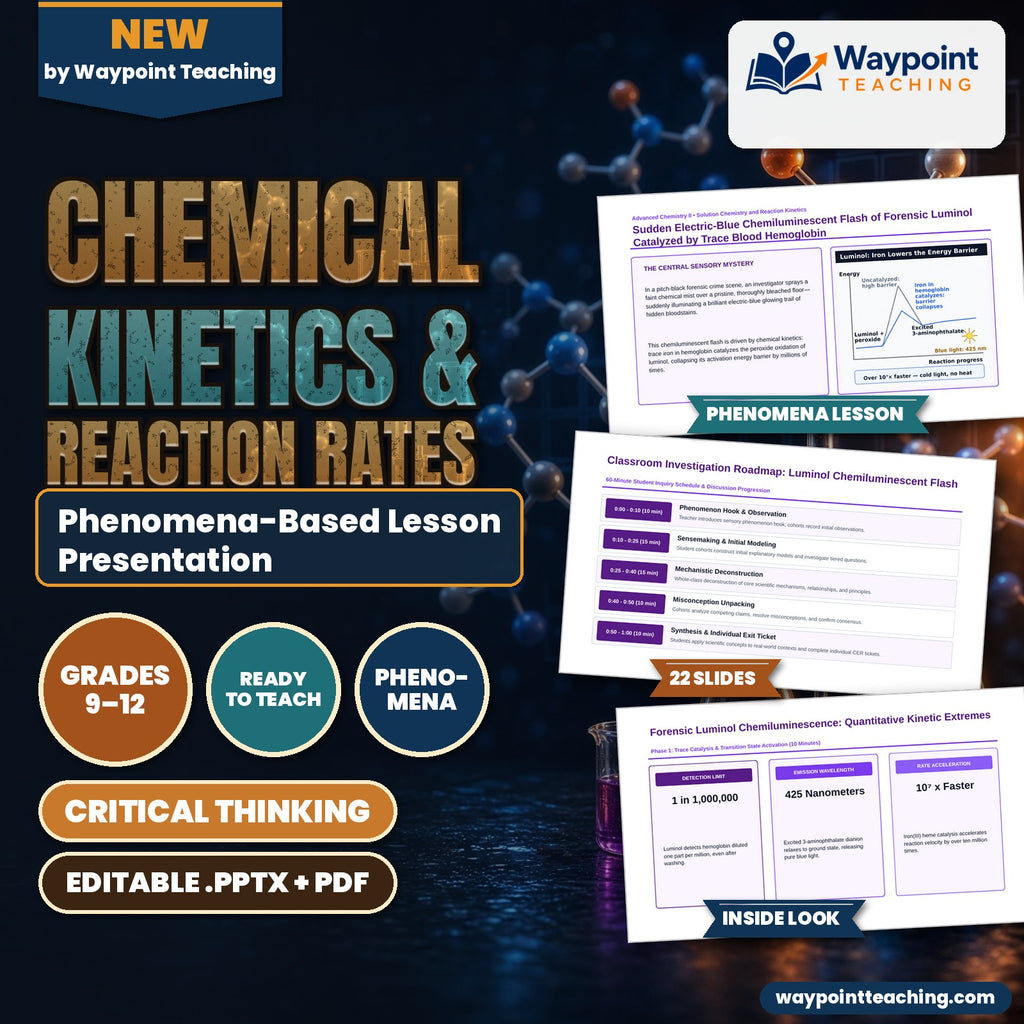 Chemical Kinetics & Reaction Rates Phenomena-Based Lesson: Sudden Electric-Blue Chemiluminescent Flash of Forensic Luminol Catalyzed by Trace Blood Hemoglobin Presentation cover