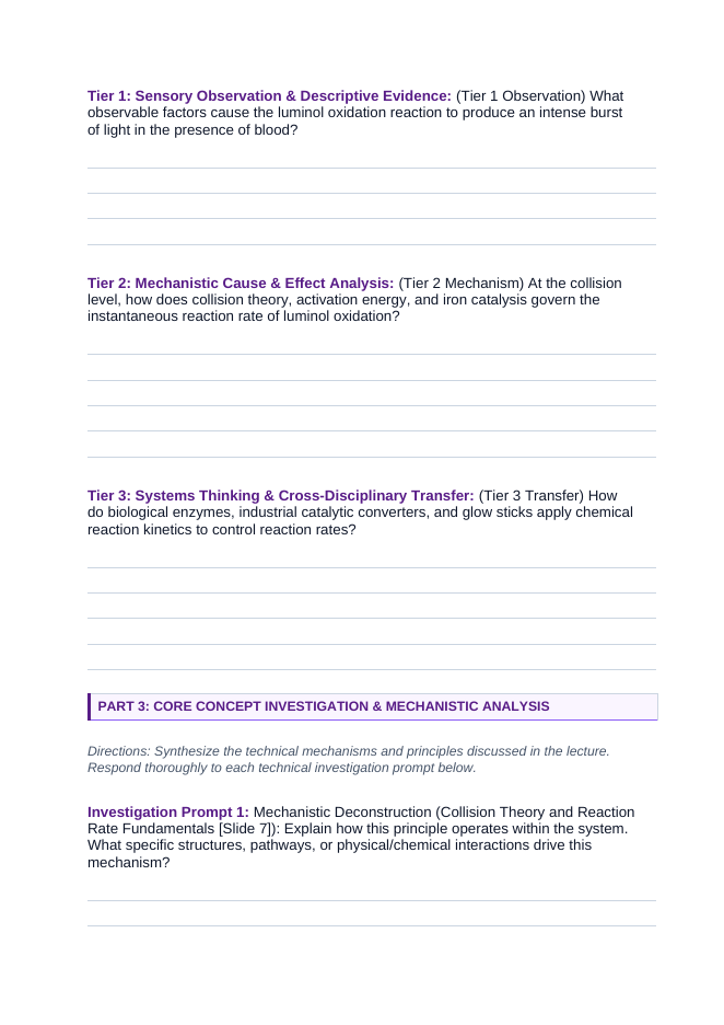 Chemical Kinetics & Reaction Rates Phenomena-Based Lesson: Sudden Electric-Blue Chemiluminescent Flash of Forensic Luminol Catalyzed by Trace Blood Hemoglobin Student Response Sheet sample page