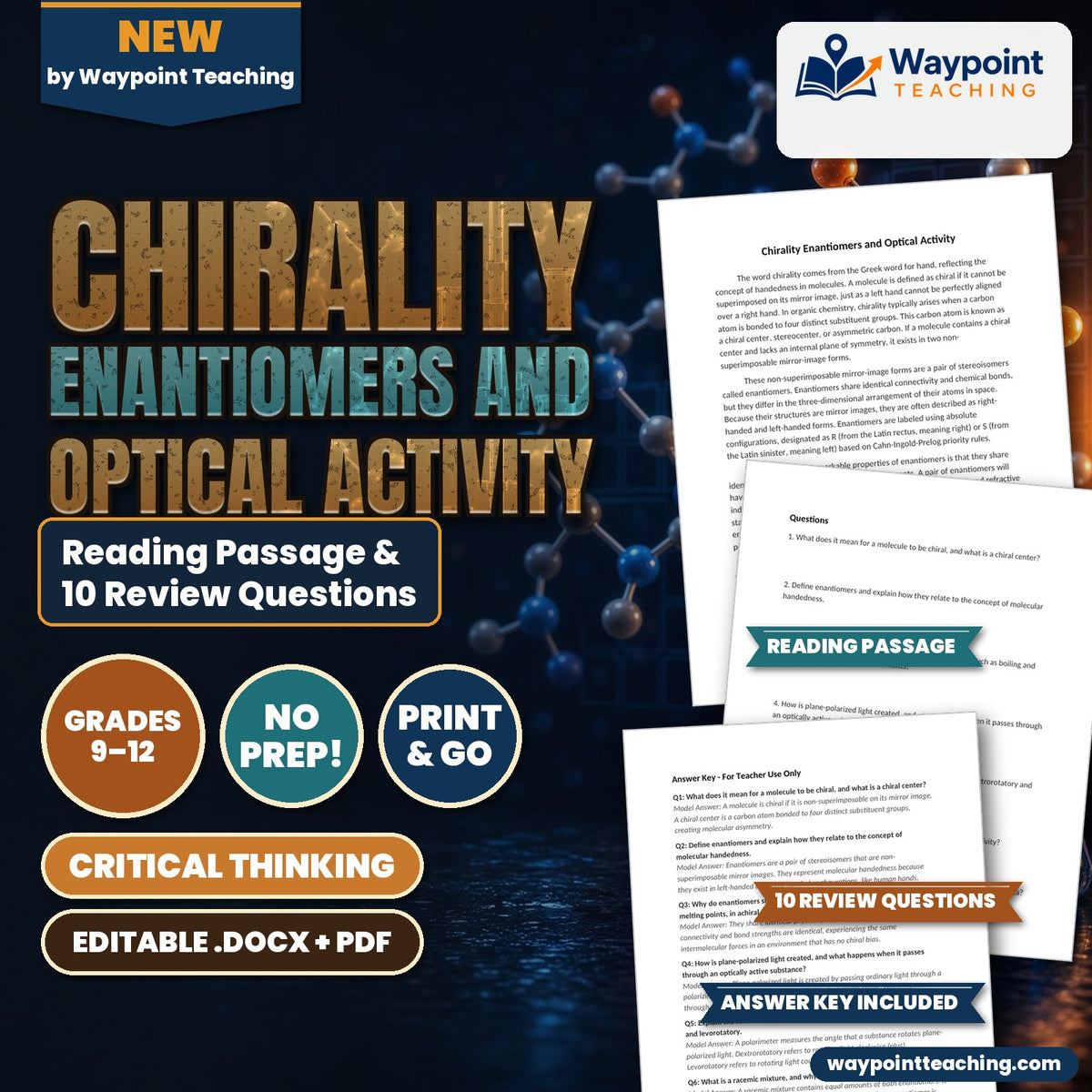 Chirality Enantiomers and Optical Activity Reading Worksheet cover