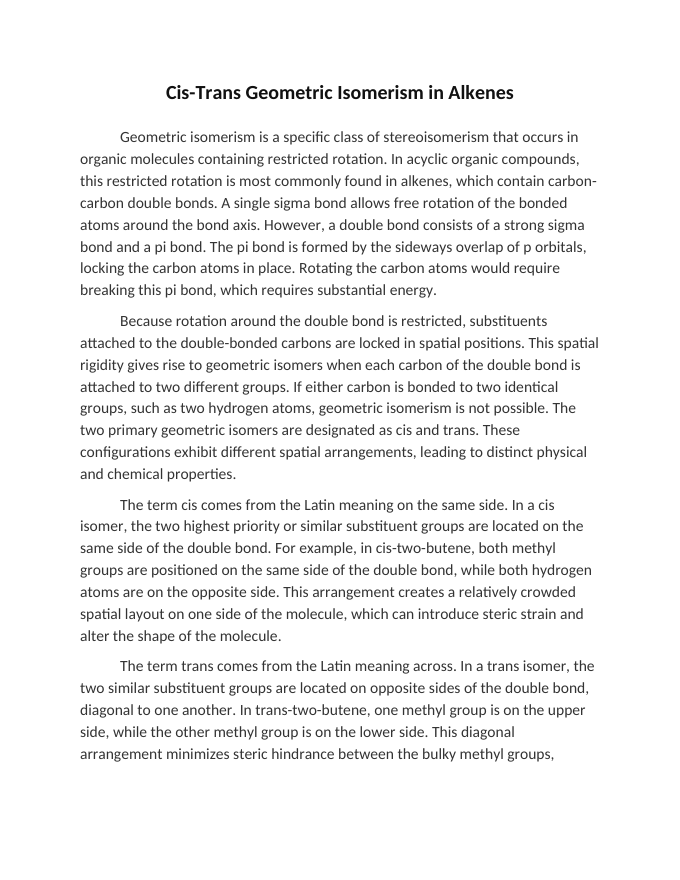Cis-Trans Geometric Isomerism in Alkenes Reading Worksheet sample page