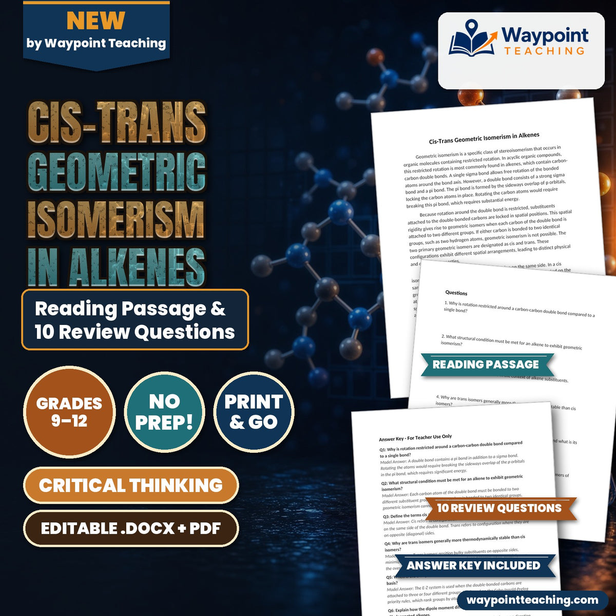 Cis-Trans Geometric Isomerism in Alkenes Reading Worksheet cover